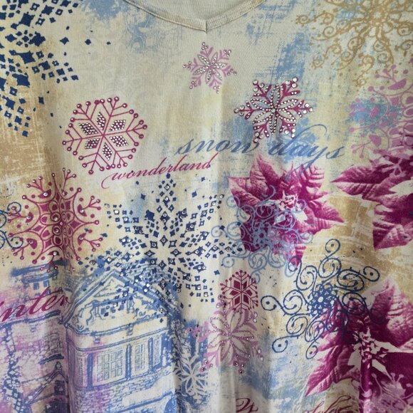 CJ BANKS Printed Sequinned Cotton V Neck 3/4 Sleeve Top 2X - Picture 2 of 4